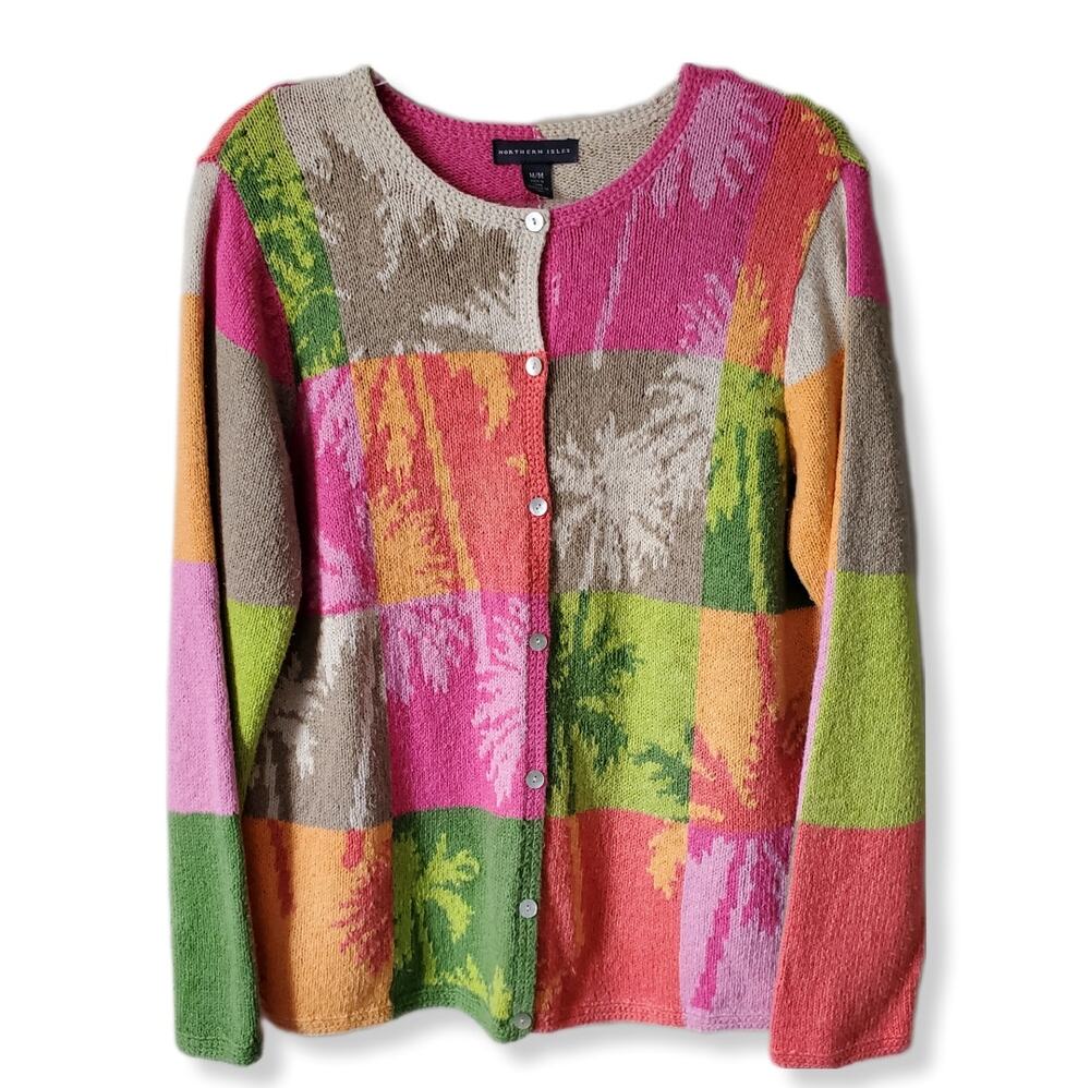 Women Vtg 2000s Patchwork Cardigan Sweater M Colorful Grannycore Fall Spring